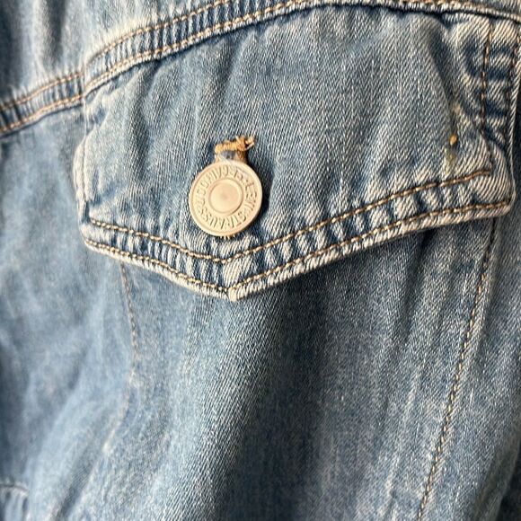 Levi's Med Blue Denim Red Tab Shirt Jacket Frayed Hem SZ 1X - Picture 3 of 11